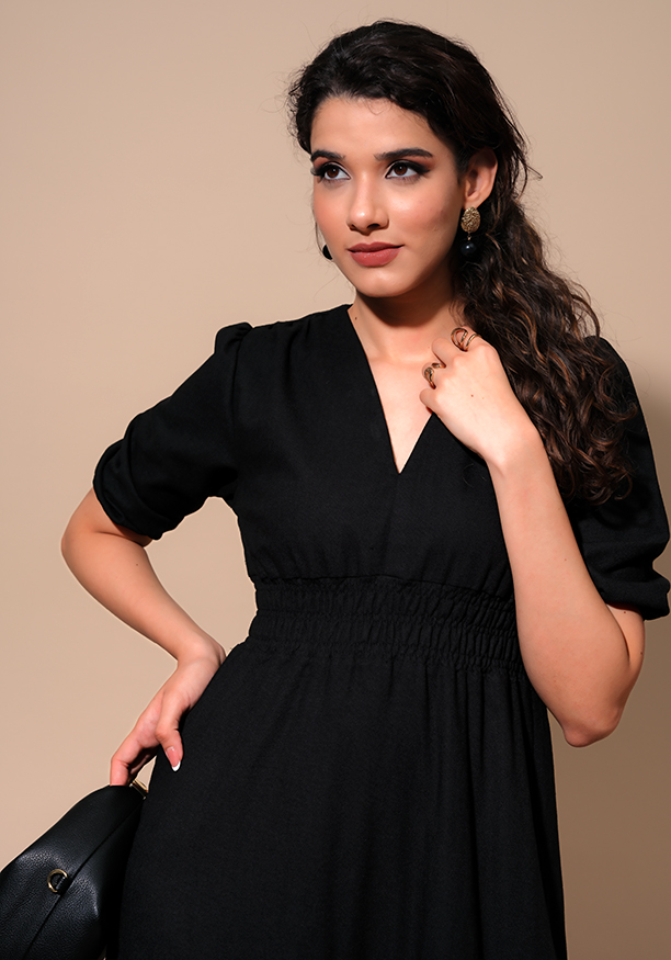 GRAICE V NECK BLACK DRESS